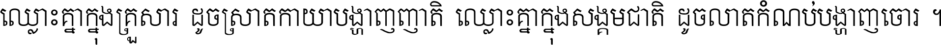 ឈ្លោះ​គ្នា​ក្នុង​គ្រួសារ ដូច​ស្រាត​កាយា​បង្ហាញ​ញាតិ ឈ្លោះគ្នាក្នុង​សង្គមជាតិ ដូច​លាត​កំណប់​បង្ហាញ​ចោរ ។
