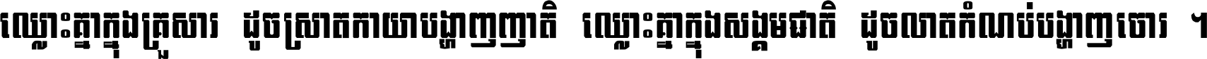 ឈ្លោះ​គ្នា​ក្នុង​គ្រួសារ ដូច​ស្រាត​កាយា​បង្ហាញ​ញាតិ ឈ្លោះគ្នាក្នុង​សង្គមជាតិ ដូច​លាត​កំណប់​បង្ហាញ​ចោរ ។