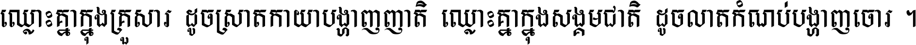 ឈ្លោះ​គ្នា​ក្នុង​គ្រួសារ ដូច​ស្រាត​កាយា​បង្ហាញ​ញាតិ ឈ្លោះគ្នាក្នុង​សង្គមជាតិ ដូច​លាត​កំណប់​បង្ហាញ​ចោរ ។