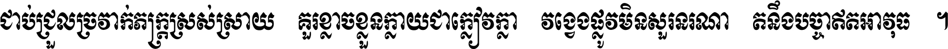 ជាប់​ជ្រួល​ច្រវាក់​ភក្ត្រ​ស្រស់ស្រាយ គួរ​ខ្លាច​ខ្លួន​ក្លាយ​ជា​ក្លៀវក្លា វង្វេង​ផ្លូវ​មិន​សួរន​រណា តនឹងបច្ចា​ឥត​អាវុធ ។