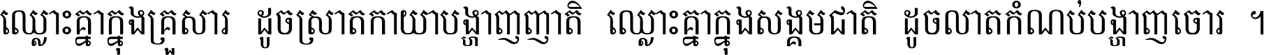 ឈ្លោះ​គ្នា​ក្នុង​គ្រួសារ ដូច​ស្រាត​កាយា​បង្ហាញ​ញាតិ ឈ្លោះគ្នាក្នុង​សង្គមជាតិ ដូច​លាត​កំណប់​បង្ហាញ​ចោរ ។