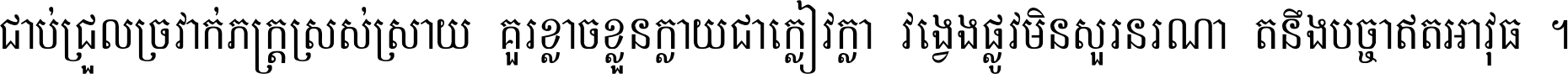 ជាប់​ជ្រួល​ច្រវាក់​ភក្ត្រ​ស្រស់ស្រាយ គួរ​ខ្លាច​ខ្លួន​ក្លាយ​ជា​ក្លៀវក្លា វង្វេង​ផ្លូវ​មិន​សួរន​រណា តនឹងបច្ចា​ឥត​អាវុធ ។