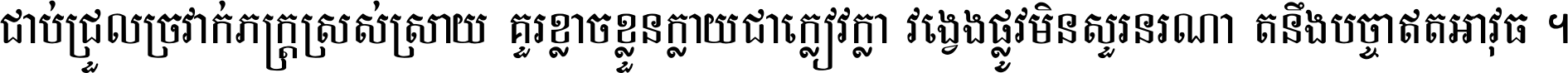 ជាប់​ជ្រួល​ច្រវាក់​ភក្ត្រ​ស្រស់ស្រាយ គួរ​ខ្លាច​ខ្លួន​ក្លាយ​ជា​ក្លៀវក្លា វង្វេង​ផ្លូវ​មិន​សួរន​រណា តនឹងបច្ចា​ឥត​អាវុធ ។