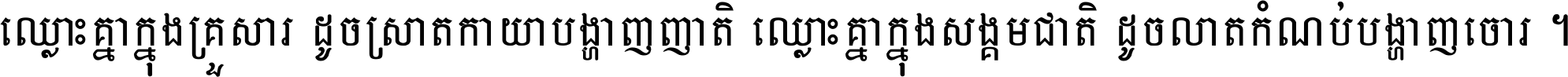 ឈ្លោះ​គ្នា​ក្នុង​គ្រួសារ ដូច​ស្រាត​កាយា​បង្ហាញ​ញាតិ ឈ្លោះគ្នាក្នុង​សង្គមជាតិ ដូច​លាត​កំណប់​បង្ហាញ​ចោរ ។