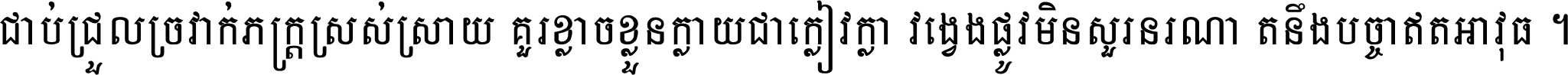 ជាប់​ជ្រួល​ច្រវាក់​ភក្ត្រ​ស្រស់ស្រាយ គួរ​ខ្លាច​ខ្លួន​ក្លាយ​ជា​ក្លៀវក្លា វង្វេង​ផ្លូវ​មិន​សួរន​រណា តនឹងបច្ចា​ឥត​អាវុធ ។