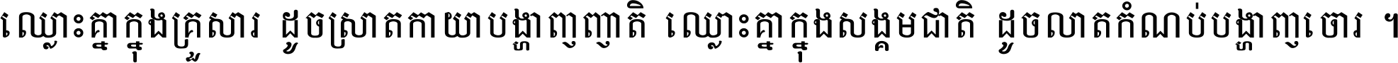 ឈ្លោះ​គ្នា​ក្នុង​គ្រួសារ ដូច​ស្រាត​កាយា​បង្ហាញ​ញាតិ ឈ្លោះគ្នាក្នុង​សង្គមជាតិ ដូច​លាត​កំណប់​បង្ហាញ​ចោរ ។