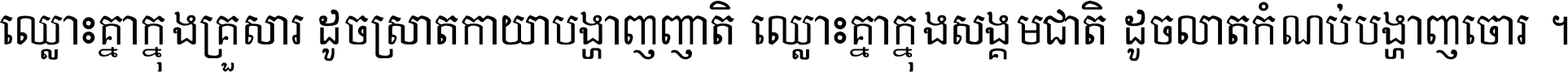 ឈ្លោះ​គ្នា​ក្នុង​គ្រួសារ ដូច​ស្រាត​កាយា​បង្ហាញ​ញាតិ ឈ្លោះគ្នាក្នុង​សង្គមជាតិ ដូច​លាត​កំណប់​បង្ហាញ​ចោរ ។