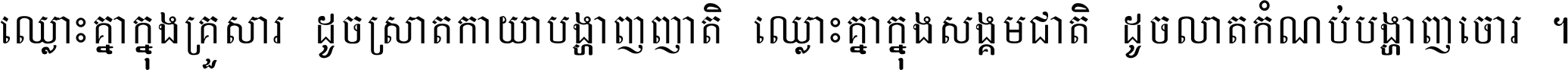 ឈ្លោះ​គ្នា​ក្នុង​គ្រួសារ ដូច​ស្រាត​កាយា​បង្ហាញ​ញាតិ ឈ្លោះគ្នាក្នុង​សង្គមជាតិ ដូច​លាត​កំណប់​បង្ហាញ​ចោរ ។