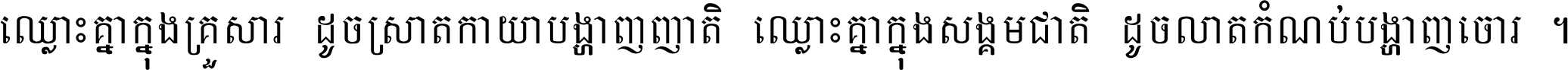 ឈ្លោះ​គ្នា​ក្នុង​គ្រួសារ ដូច​ស្រាត​កាយា​បង្ហាញ​ញាតិ ឈ្លោះគ្នាក្នុង​សង្គមជាតិ ដូច​លាត​កំណប់​បង្ហាញ​ចោរ ។