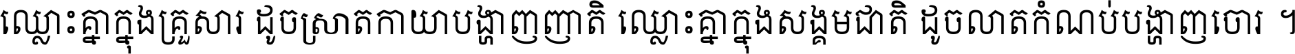 ឈ្លោះ​គ្នា​ក្នុង​គ្រួសារ ដូច​ស្រាត​កាយា​បង្ហាញ​ញាតិ ឈ្លោះគ្នាក្នុង​សង្គមជាតិ ដូច​លាត​កំណប់​បង្ហាញ​ចោរ ។