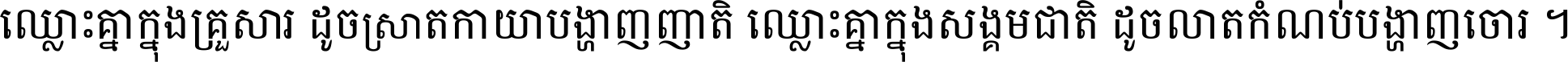 ឈ្លោះ​គ្នា​ក្នុង​គ្រួសារ ដូច​ស្រាត​កាយា​បង្ហាញ​ញាតិ ឈ្លោះគ្នាក្នុង​សង្គមជាតិ ដូច​លាត​កំណប់​បង្ហាញ​ចោរ ។