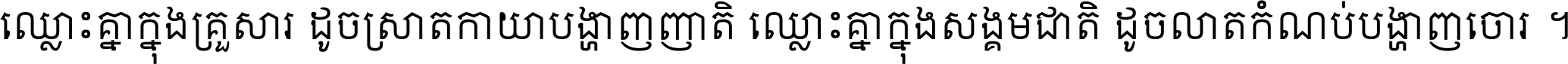ឈ្លោះ​គ្នា​ក្នុង​គ្រួសារ ដូច​ស្រាត​កាយា​បង្ហាញ​ញាតិ ឈ្លោះគ្នាក្នុង​សង្គមជាតិ ដូច​លាត​កំណប់​បង្ហាញ​ចោរ ។