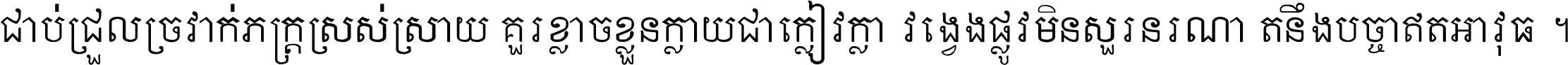 ជាប់​ជ្រួល​ច្រវាក់​ភក្ត្រ​ស្រស់ស្រាយ គួរ​ខ្លាច​ខ្លួន​ក្លាយ​ជា​ក្លៀវក្លា វង្វេង​ផ្លូវ​មិន​សួរន​រណា តនឹងបច្ចា​ឥត​អាវុធ ។
