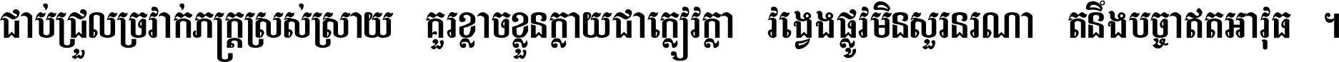 ជាប់​ជ្រួល​ច្រវាក់​ភក្ត្រ​ស្រស់ស្រាយ គួរ​ខ្លាច​ខ្លួន​ក្លាយ​ជា​ក្លៀវក្លា វង្វេង​ផ្លូវ​មិន​សួរន​រណា តនឹងបច្ចា​ឥត​អាវុធ ។