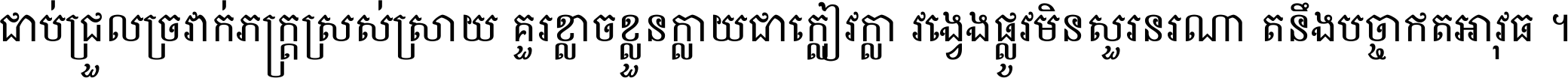 ជាប់​ជ្រួល​ច្រវាក់​ភក្ត្រ​ស្រស់ស្រាយ គួរ​ខ្លាច​ខ្លួន​ក្លាយ​ជា​ក្លៀវក្លា វង្វេង​ផ្លូវ​មិន​សួរន​រណា តនឹងបច្ចា​ឥត​អាវុធ ។