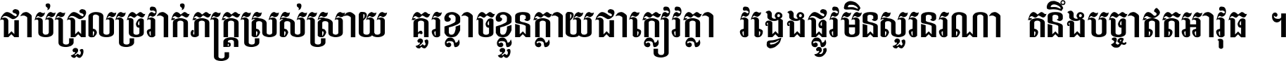 ជាប់​ជ្រួល​ច្រវាក់​ភក្ត្រ​ស្រស់ស្រាយ គួរ​ខ្លាច​ខ្លួន​ក្លាយ​ជា​ក្លៀវក្លា វង្វេង​ផ្លូវ​មិន​សួរន​រណា តនឹងបច្ចា​ឥត​អាវុធ ។