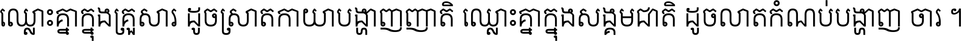 ឈ្លោះ​គ្នា​ក្នុង​គ្រួសារ ដូច​ស្រាត​កាយា​បង្ហាញ​ញាតិ ឈ្លោះគ្នាក្នុង​សង្គមជាតិ ដូច​លាត​កំណប់​បង្ហាញ​ចោរ ។