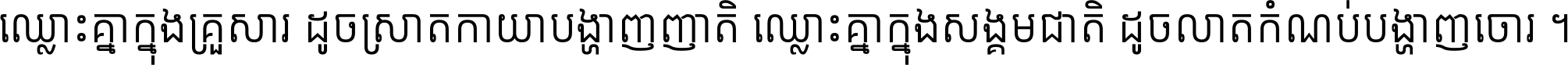 ឈ្លោះ​គ្នា​ក្នុង​គ្រួសារ ដូច​ស្រាត​កាយា​បង្ហាញ​ញាតិ ឈ្លោះគ្នាក្នុង​សង្គមជាតិ ដូច​លាត​កំណប់​បង្ហាញ​ចោរ ។