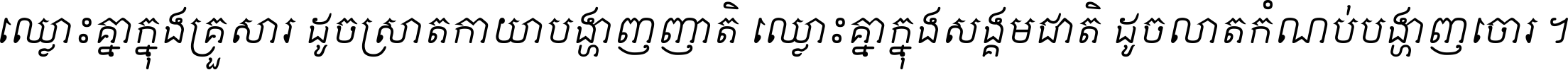 ឈ្លោះ​គ្នា​ក្នុង​គ្រួសារ ដូច​ស្រាត​កាយា​បង្ហាញ​ញាតិ ឈ្លោះគ្នាក្នុង​សង្គមជាតិ ដូច​លាត​កំណប់​បង្ហាញ​ចោរ ។