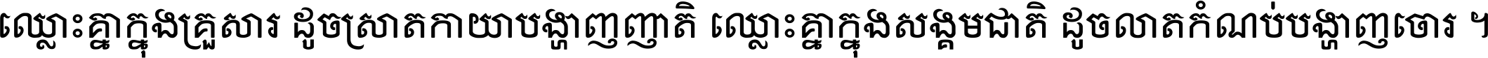 ឈ្លោះ​គ្នា​ក្នុង​គ្រួសារ ដូច​ស្រាត​កាយា​បង្ហាញ​ញាតិ ឈ្លោះគ្នាក្នុង​សង្គមជាតិ ដូច​លាត​កំណប់​បង្ហាញ​ចោរ ។