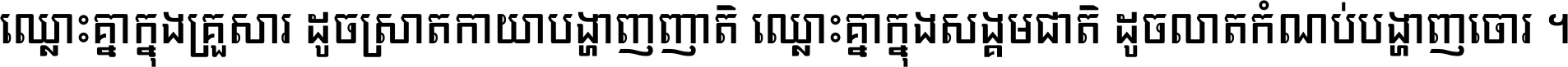 ឈ្លោះ​គ្នា​ក្នុង​គ្រួសារ ដូច​ស្រាត​កាយា​បង្ហាញ​ញាតិ ឈ្លោះគ្នាក្នុង​សង្គមជាតិ ដូច​លាត​កំណប់​បង្ហាញ​ចោរ ។