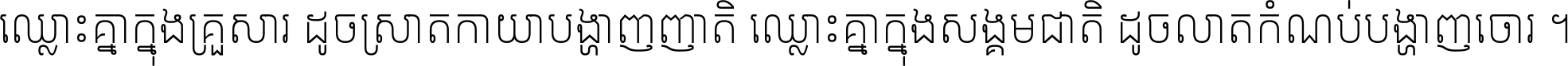 ឈ្លោះ​គ្នា​ក្នុង​គ្រួសារ ដូច​ស្រាត​កាយា​បង្ហាញ​ញាតិ ឈ្លោះគ្នាក្នុង​សង្គមជាតិ ដូច​លាត​កំណប់​បង្ហាញ​ចោរ ។