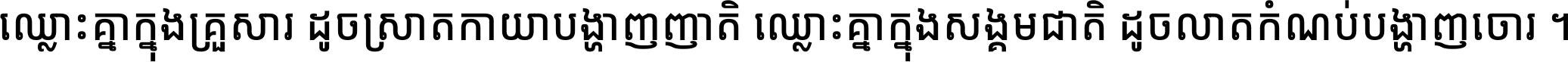 ឈ្លោះ​គ្នា​ក្នុង​គ្រួសារ ដូច​ស្រាត​កាយា​បង្ហាញ​ញាតិ ឈ្លោះគ្នាក្នុង​សង្គមជាតិ ដូច​លាត​កំណប់​បង្ហាញ​ចោរ ។