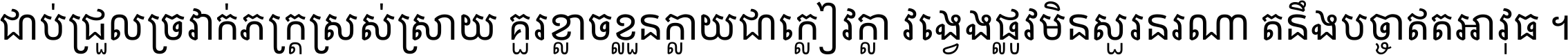 ជាប់​ជ្រួល​ច្រវាក់​ភក្ត្រ​ស្រស់ស្រាយ គួរ​ខ្លាច​ខ្លួន​ក្លាយ​ជា​ក្លៀវក្លា វង្វេង​ផ្លូវ​មិន​សួរន​រណា តនឹងបច្ចា​ឥត​អាវុធ ។