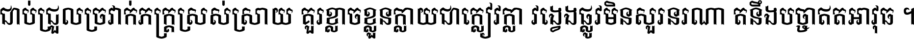 ជាប់​ជ្រួល​ច្រវាក់​ភក្ត្រ​ស្រស់ស្រាយ គួរ​ខ្លាច​ខ្លួន​ក្លាយ​ជា​ក្លៀវក្លា វង្វេង​ផ្លូវ​មិន​សួរន​រណា តនឹងបច្ចា​ឥត​អាវុធ ។