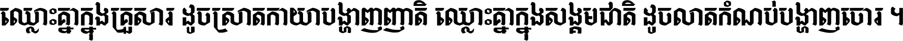 ឈ្លោះ​គ្នា​ក្នុង​គ្រួសារ ដូច​ស្រាត​កាយា​បង្ហាញ​ញាតិ ឈ្លោះគ្នាក្នុង​សង្គមជាតិ ដូច​លាត​កំណប់​បង្ហាញ​ចោរ ។