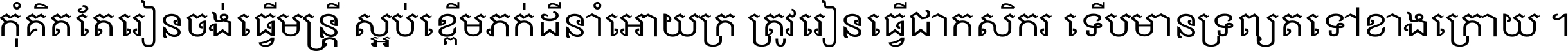 កុំ​គិត​តែ​រៀន​ចង់ធ្វើ​មន្ត្រី ស្អប់​ខ្ពើម​ភក់ដី​នាំអោយ​ក្រ ត្រូវ​រៀន​ធ្វើ​ជា​កសិករ ទើប​មានទ្រព្យ​ត​ទៅ​ខាង​ក្រោយ ។