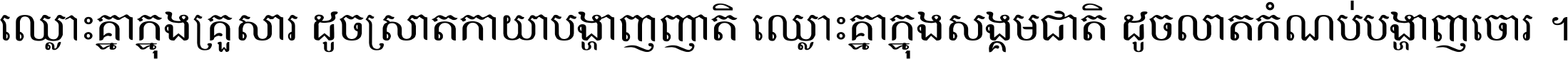 ឈ្លោះ​គ្នា​ក្នុង​គ្រួសារ ដូច​ស្រាត​កាយា​បង្ហាញ​ញាតិ ឈ្លោះគ្នាក្នុង​សង្គមជាតិ ដូច​លាត​កំណប់​បង្ហាញ​ចោរ ។