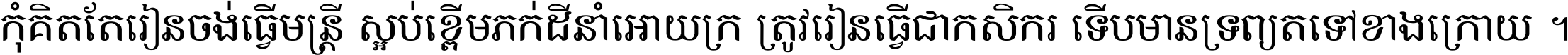 កុំ​គិត​តែ​រៀន​ចង់ធ្វើ​មន្ត្រី ស្អប់​ខ្ពើម​ភក់ដី​នាំអោយ​ក្រ ត្រូវ​រៀន​ធ្វើ​ជា​កសិករ ទើប​មានទ្រព្យ​ត​ទៅ​ខាង​ក្រោយ ។