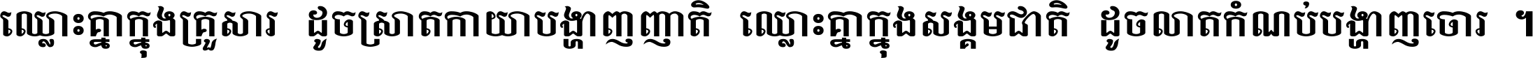 ឈ្លោះ​គ្នា​ក្នុង​គ្រួសារ ដូច​ស្រាត​កាយា​បង្ហាញ​ញាតិ ឈ្លោះគ្នាក្នុង​សង្គមជាតិ ដូច​លាត​កំណប់​បង្ហាញ​ចោរ ។