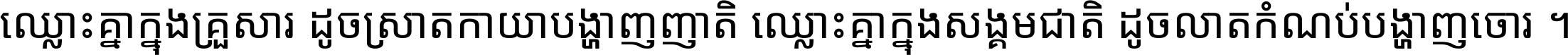 ឈ្លោះ​គ្នា​ក្នុង​គ្រួសារ ដូច​ស្រាត​កាយា​បង្ហាញ​ញាតិ ឈ្លោះគ្នាក្នុង​សង្គមជាតិ ដូច​លាត​កំណប់​បង្ហាញ​ចោរ ។