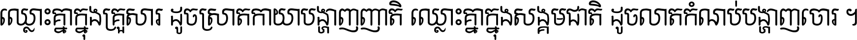 ឈ្លោះ​គ្នា​ក្នុង​គ្រួសារ ដូច​ស្រាត​កាយា​បង្ហាញ​ញាតិ ឈ្លោះគ្នាក្នុង​សង្គមជាតិ ដូច​លាត​កំណប់​បង្ហាញ​ចោរ ។