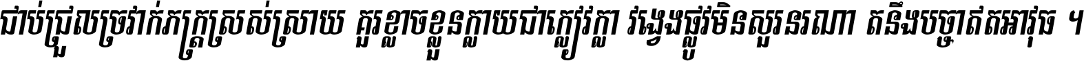 ជាប់​ជ្រួល​ច្រវាក់​ភក្ត្រ​ស្រស់ស្រាយ គួរ​ខ្លាច​ខ្លួន​ក្លាយ​ជា​ក្លៀវក្លា វង្វេង​ផ្លូវ​មិន​សួរន​រណា តនឹងបច្ចា​ឥត​អាវុធ ។