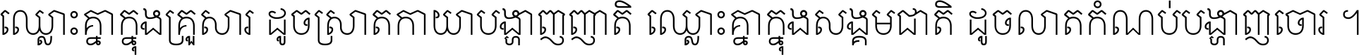 ឈ្លោះ​គ្នា​ក្នុង​គ្រួសារ ដូច​ស្រាត​កាយា​បង្ហាញ​ញាតិ ឈ្លោះគ្នាក្នុង​សង្គមជាតិ ដូច​លាត​កំណប់​បង្ហាញ​ចោរ ។