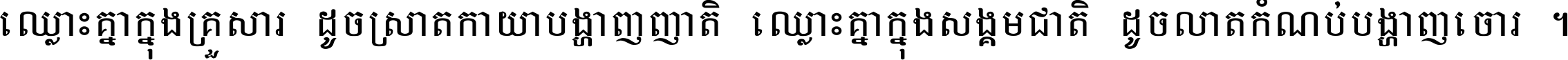 ឈ្លោះ​គ្នា​ក្នុង​គ្រួសារ ដូច​ស្រាត​កាយា​បង្ហាញ​ញាតិ ឈ្លោះគ្នាក្នុង​សង្គមជាតិ ដូច​លាត​កំណប់​បង្ហាញ​ចោរ ។