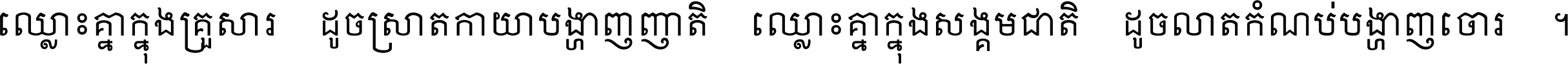 ឈ្លោះ​គ្នា​ក្នុង​គ្រួសារ ដូច​ស្រាត​កាយា​បង្ហាញ​ញាតិ ឈ្លោះគ្នាក្នុង​សង្គមជាតិ ដូច​លាត​កំណប់​បង្ហាញ​ចោរ ។