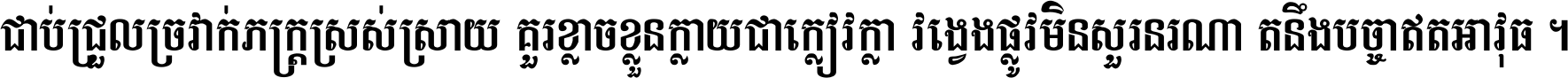 ជាប់​ជ្រួល​ច្រវាក់​ភក្ត្រ​ស្រស់ស្រាយ គួរ​ខ្លាច​ខ្លួន​ក្លាយ​ជា​ក្លៀវក្លា វង្វេង​ផ្លូវ​មិន​សួរន​រណា តនឹងបច្ចា​ឥត​អាវុធ ។