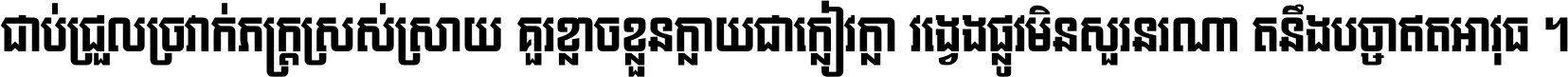 ជាប់​ជ្រួល​ច្រវាក់​ភក្ត្រ​ស្រស់ស្រាយ គួរ​ខ្លាច​ខ្លួន​ក្លាយ​ជា​ក្លៀវក្លា វង្វេង​ផ្លូវ​មិន​សួរន​រណា តនឹងបច្ចា​ឥត​អាវុធ ។