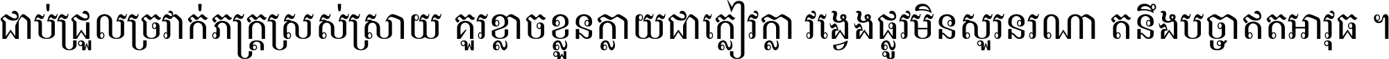 ជាប់​ជ្រួល​ច្រវាក់​ភក្ត្រ​ស្រស់ស្រាយ គួរ​ខ្លាច​ខ្លួន​ក្លាយ​ជា​ក្លៀវក្លា វង្វេង​ផ្លូវ​មិន​សួរន​រណា តនឹងបច្ចា​ឥត​អាវុធ ។