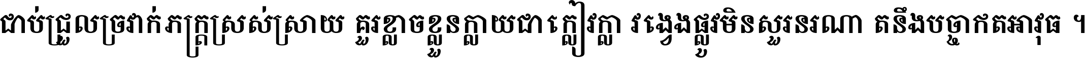 ជាប់​ជ្រួល​ច្រវាក់​ភក្ត្រ​ស្រស់ស្រាយ គួរ​ខ្លាច​ខ្លួន​ក្លាយ​ជា​ក្លៀវក្លា វង្វេង​ផ្លូវ​មិន​សួរន​រណា តនឹងបច្ចា​ឥត​អាវុធ ។