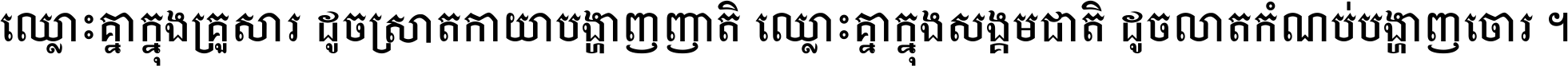 ឈ្លោះ​គ្នា​ក្នុង​គ្រួសារ ដូច​ស្រាត​កាយា​បង្ហាញ​ញាតិ ឈ្លោះគ្នាក្នុង​សង្គមជាតិ ដូច​លាត​កំណប់​បង្ហាញ​ចោរ ។