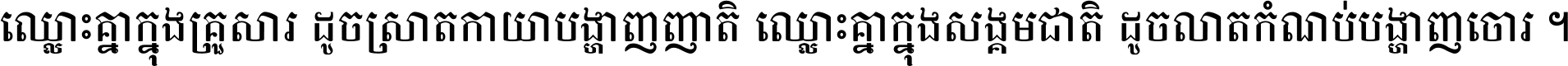 ឈ្លោះ​គ្នា​ក្នុង​គ្រួសារ ដូច​ស្រាត​កាយា​បង្ហាញ​ញាតិ ឈ្លោះគ្នាក្នុង​សង្គមជាតិ ដូច​លាត​កំណប់​បង្ហាញ​ចោរ ។