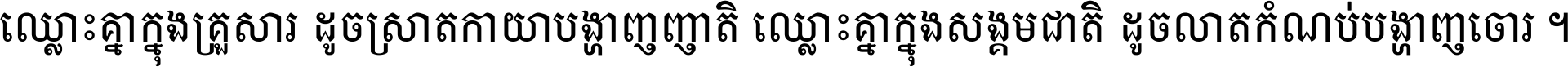 ឈ្លោះ​គ្នា​ក្នុង​គ្រួសារ ដូច​ស្រាត​កាយា​បង្ហាញ​ញាតិ ឈ្លោះគ្នាក្នុង​សង្គមជាតិ ដូច​លាត​កំណប់​បង្ហាញ​ចោរ ។