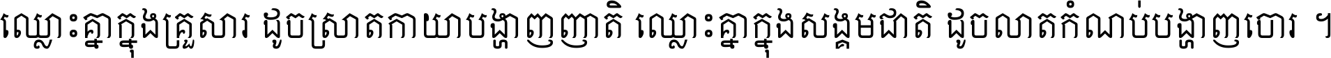 ឈ្លោះ​គ្នា​ក្នុង​គ្រួសារ ដូច​ស្រាត​កាយា​បង្ហាញ​ញាតិ ឈ្លោះគ្នាក្នុង​សង្គមជាតិ ដូច​លាត​កំណប់​បង្ហាញ​ចោរ ។