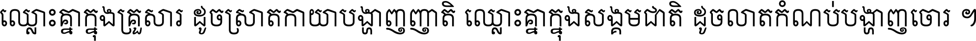 ឈ្លោះ​គ្នា​ក្នុង​គ្រួសារ ដូច​ស្រាត​កាយា​បង្ហាញ​ញាតិ ឈ្លោះគ្នាក្នុង​សង្គមជាតិ ដូច​លាត​កំណប់​បង្ហាញ​ចោរ ។