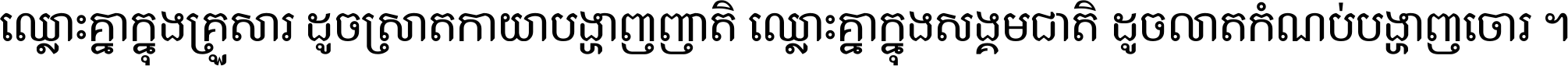 ឈ្លោះ​គ្នា​ក្នុង​គ្រួសារ ដូច​ស្រាត​កាយា​បង្ហាញ​ញាតិ ឈ្លោះគ្នាក្នុង​សង្គមជាតិ ដូច​លាត​កំណប់​បង្ហាញ​ចោរ ។